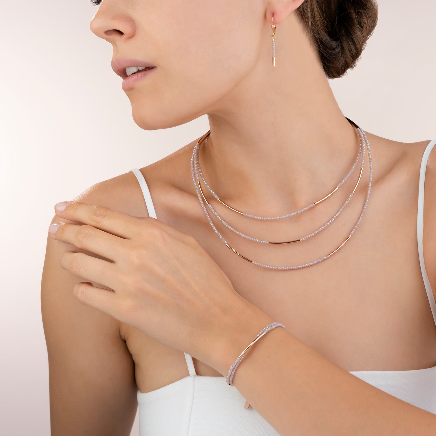 Ohrringe Wasserfall Edelstahl roségold & Glas nude