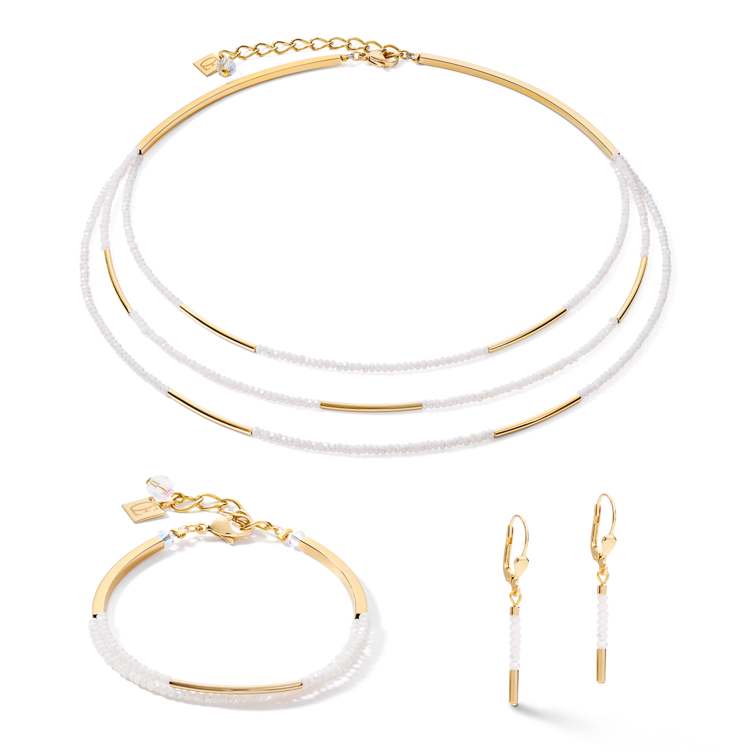 Ohrringe Wasserfall Edelstahl gold & Glas weiß