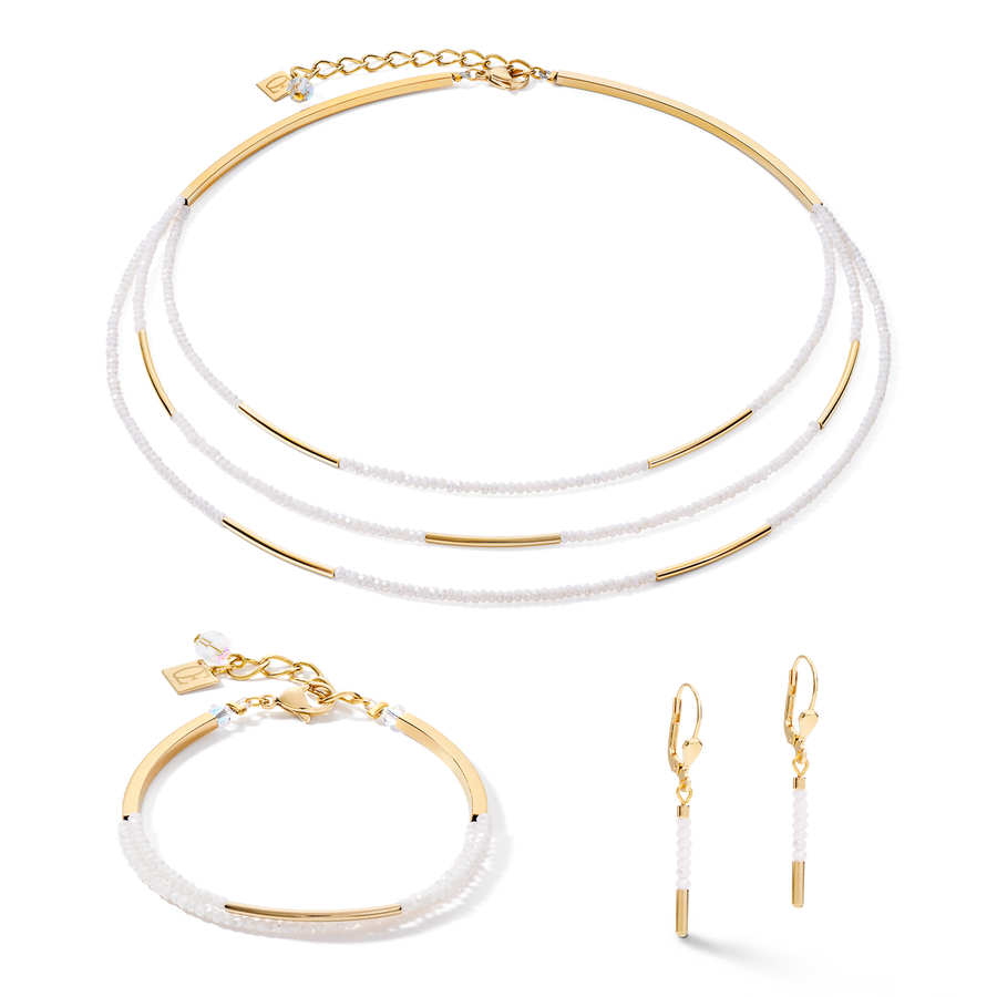Ohrringe Wasserfall Edelstahl gold & Glas weiß