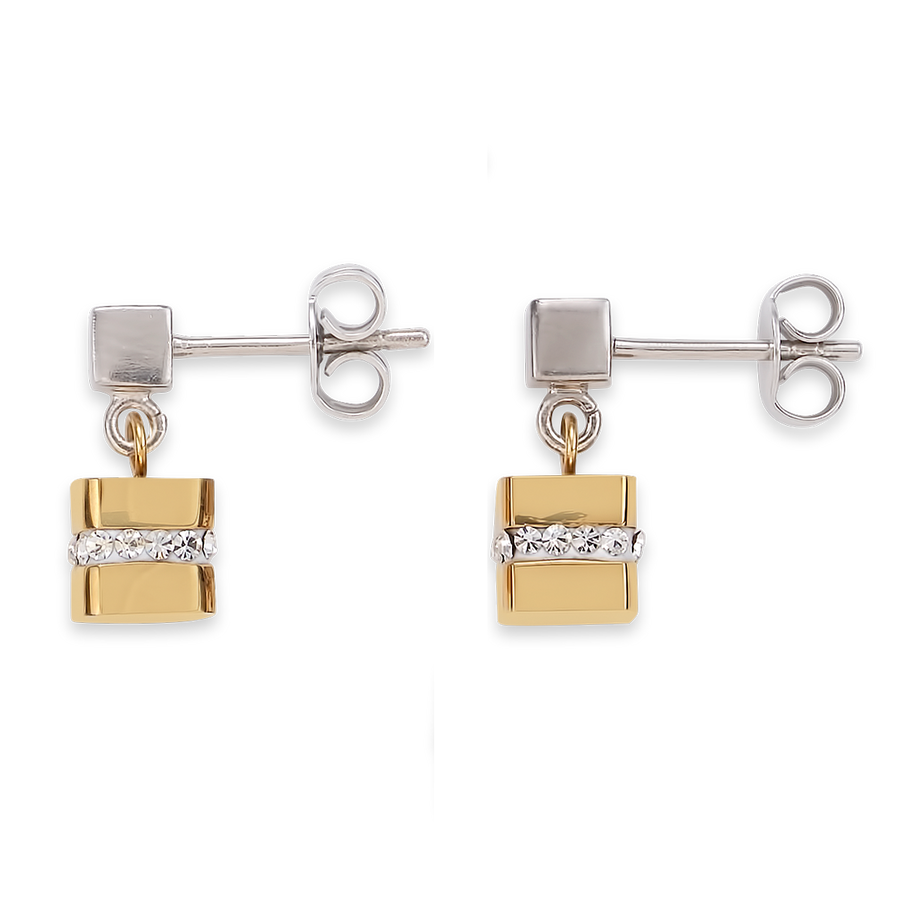 Ohrringe Cube Edelstahl gold & Kristall Pavé kristall