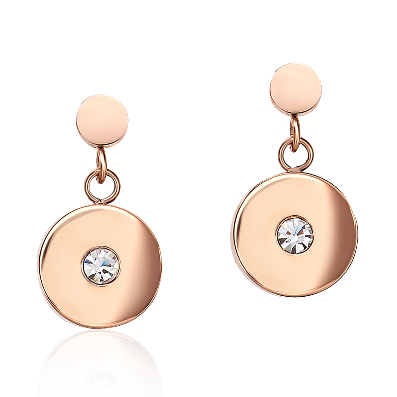 Ohrringe Coins Edelstahl roségold, geschliffenes Glas & Kristalle weiß