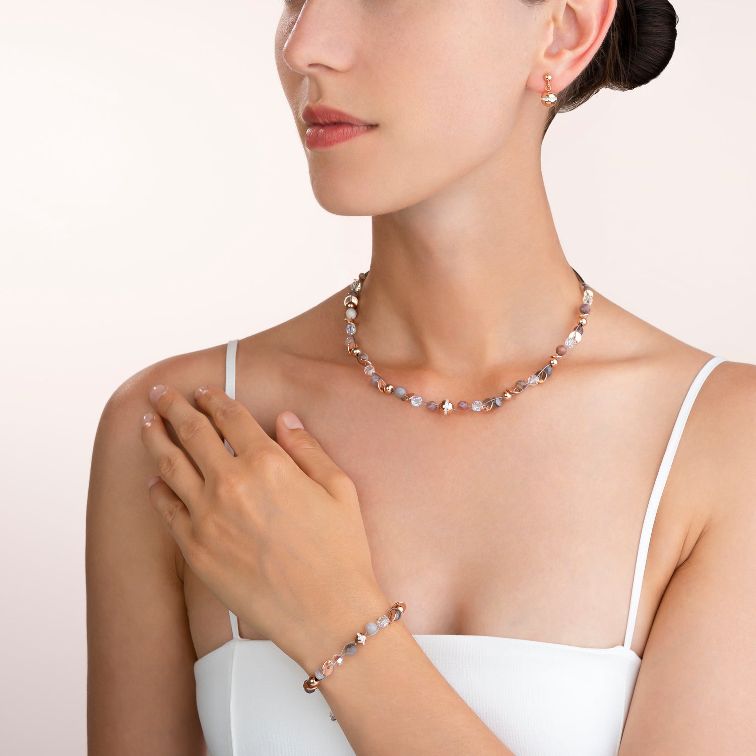 Armband TwistedPEARLS Botswana Achat & Edelstahl roségold beige-grau