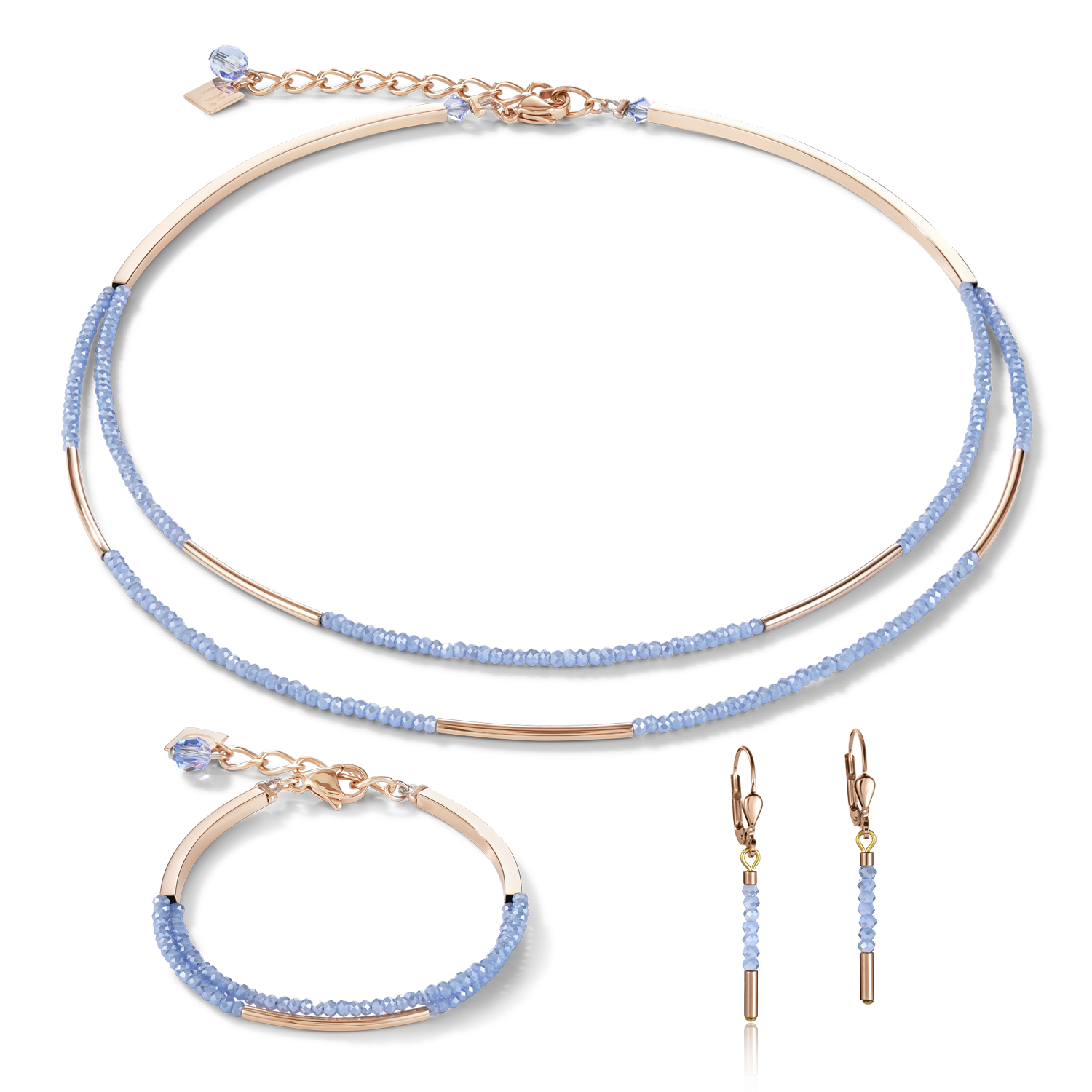 Armband Wasserfall small Edelstahl roségold & Glas hellblau