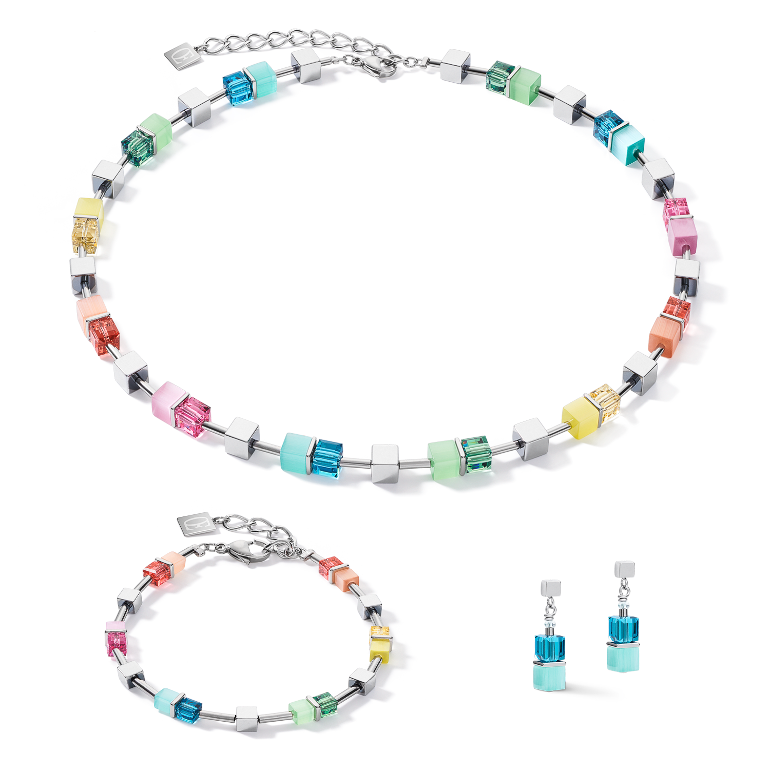 Halskette GeoCUBE® colour couple Hämatit multicolor spring-silber