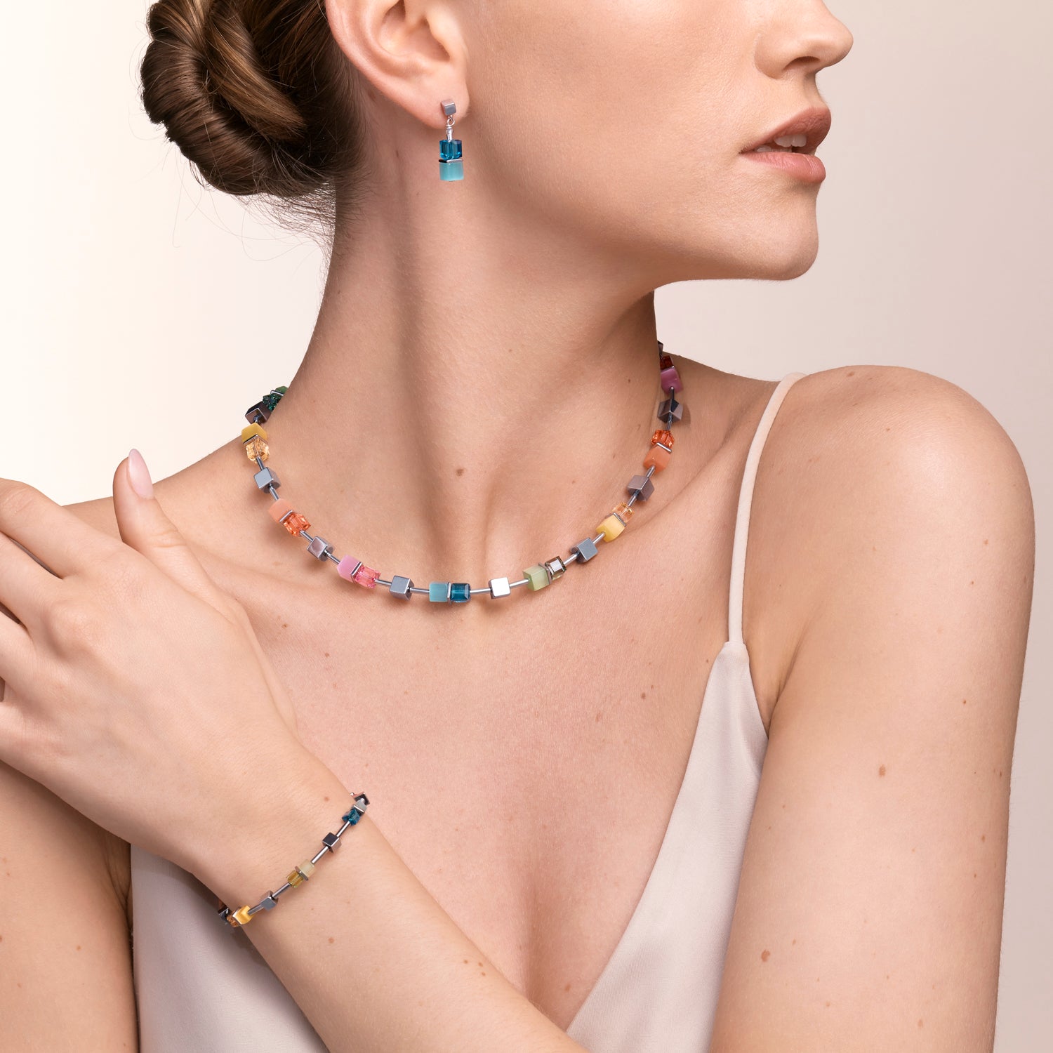 Halskette GeoCUBE® colour couple Hämatit multicolor spring-silber
