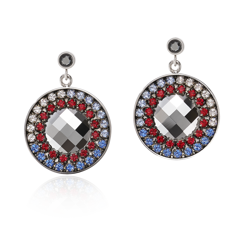 Ohrringe Amulett Kristalle & Mesh blau-rot