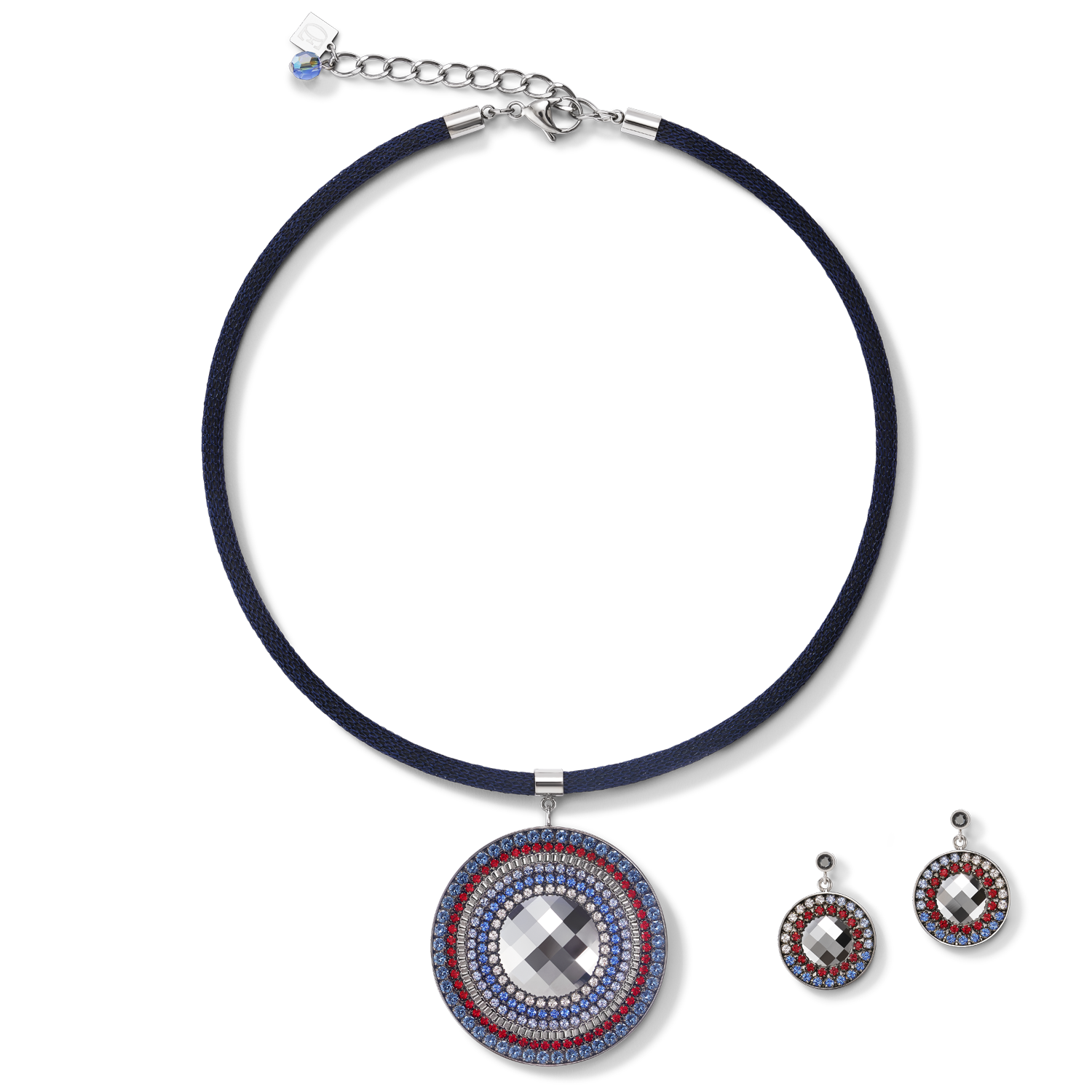 Ohrringe Amulett Kristalle & Mesh blau-rot