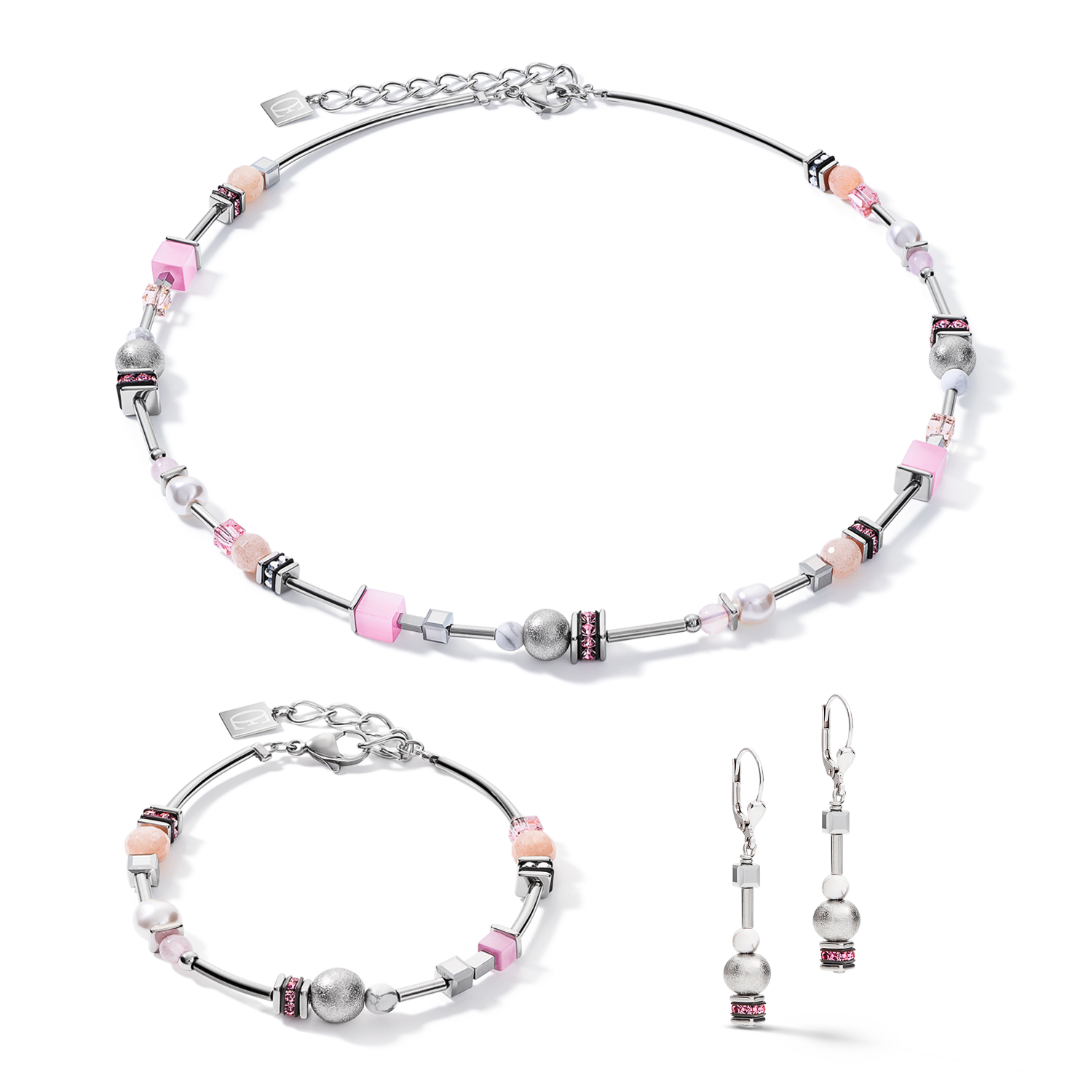 Armband Pearls & Cubes Edelsteine silber-rosa