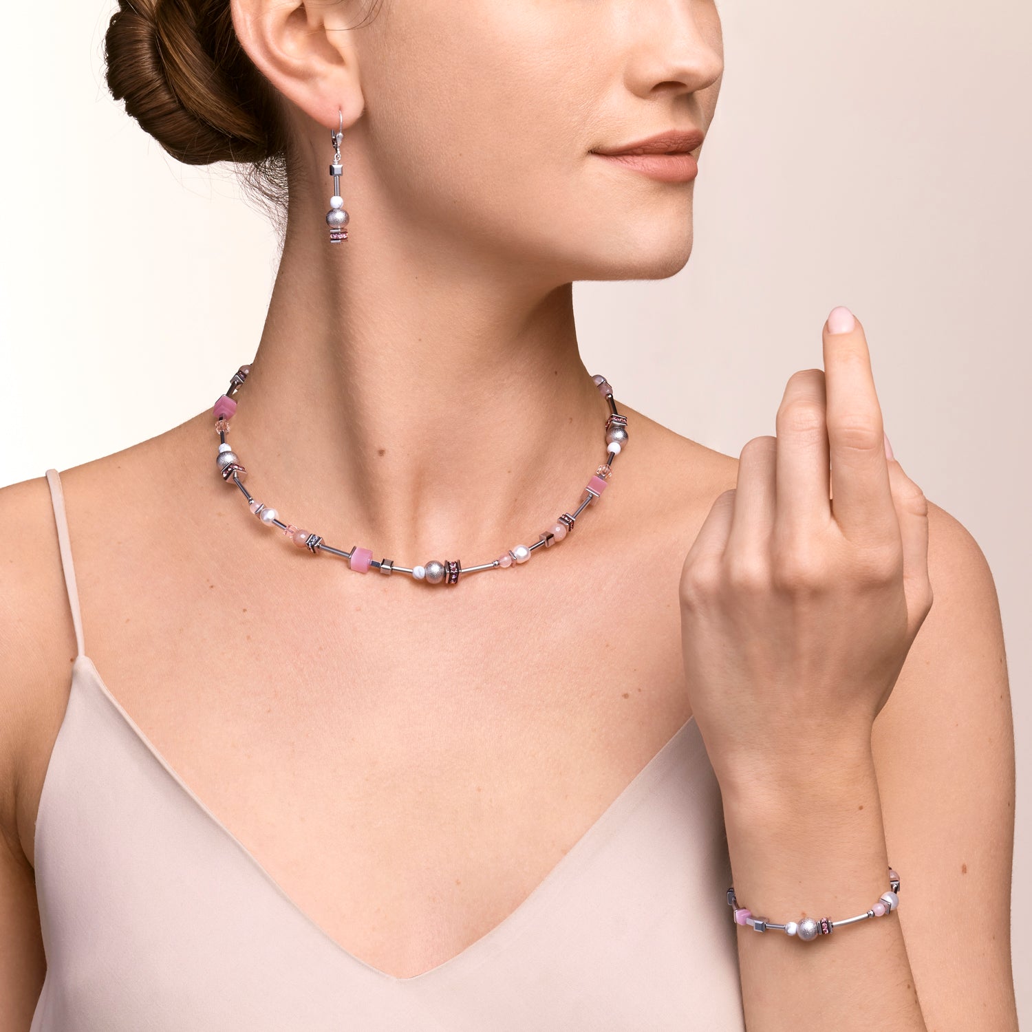 Armband Pearls & Cubes Edelsteine silber-rosa