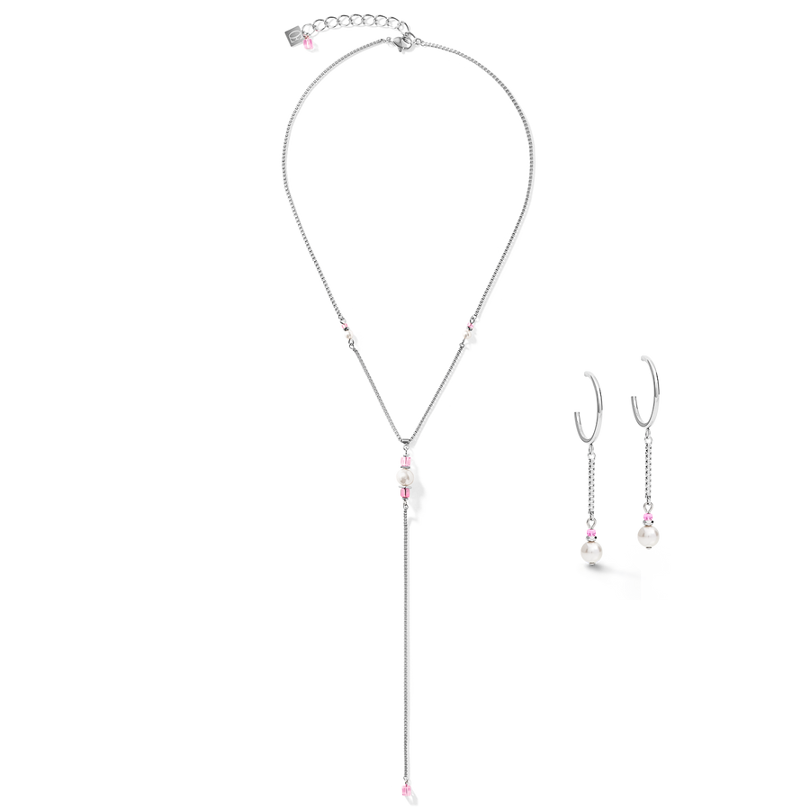 Ohrringe Creole Ypsilon Chain Crystal Pearl Crystals & Edelstahl silber-rosa