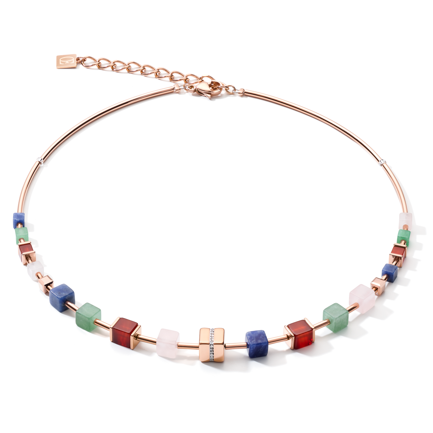 Halskette CUBE big Kristall Pavé Cube, Edelsteine & Edelstahl roségold multicolor gemstone