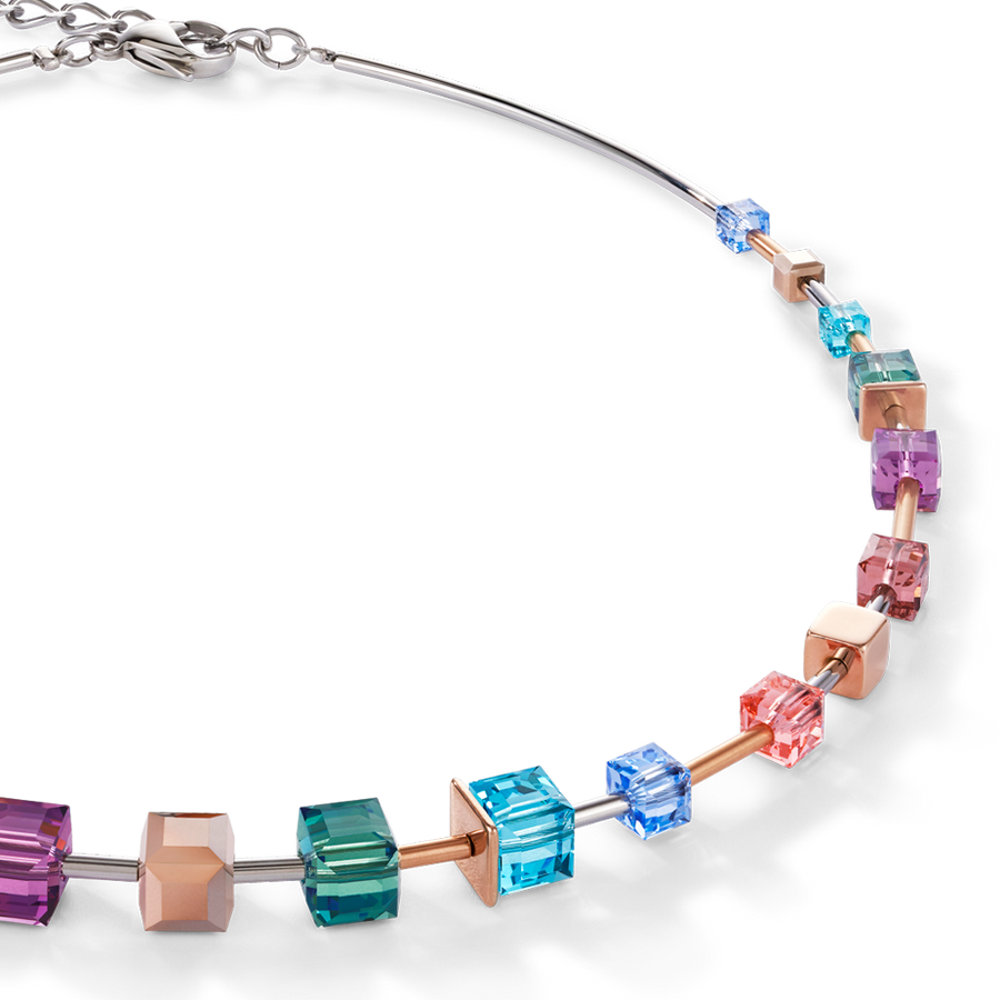 Halskette GeoCUBE® multicolor & Edelstahl roségold