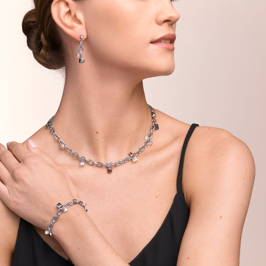 Halskette casual & chunky chain Edelstahl & Kristalle silber-kristall