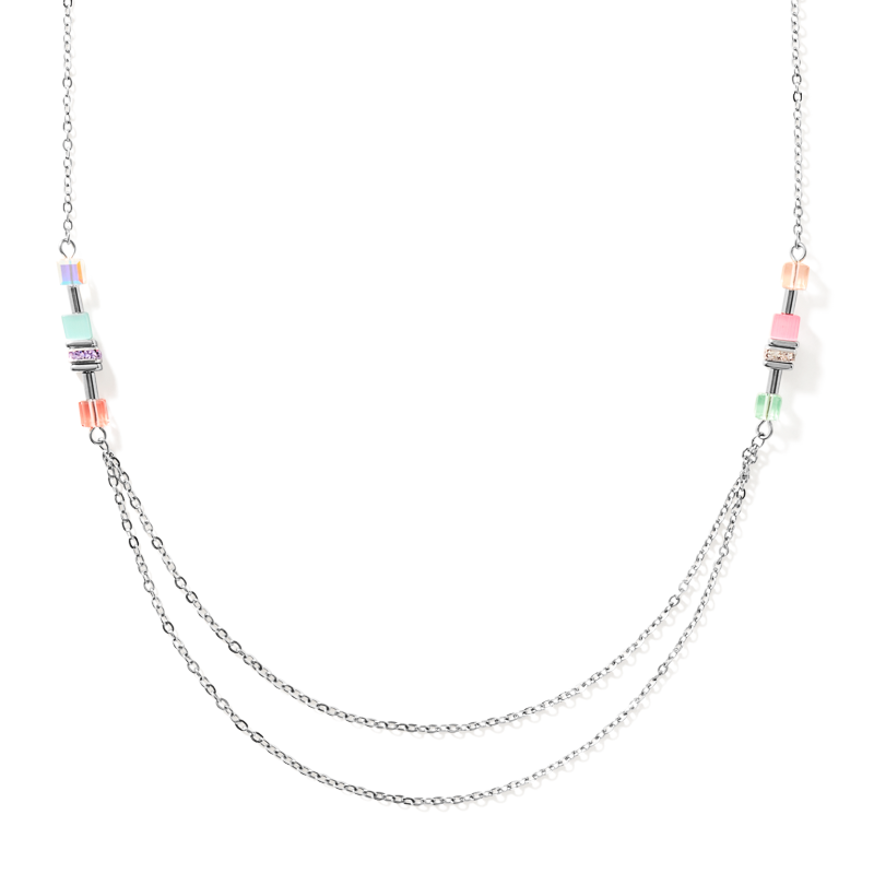Halskette GeoCUBE® double chain long Edelstahl silber multicolor-pastell