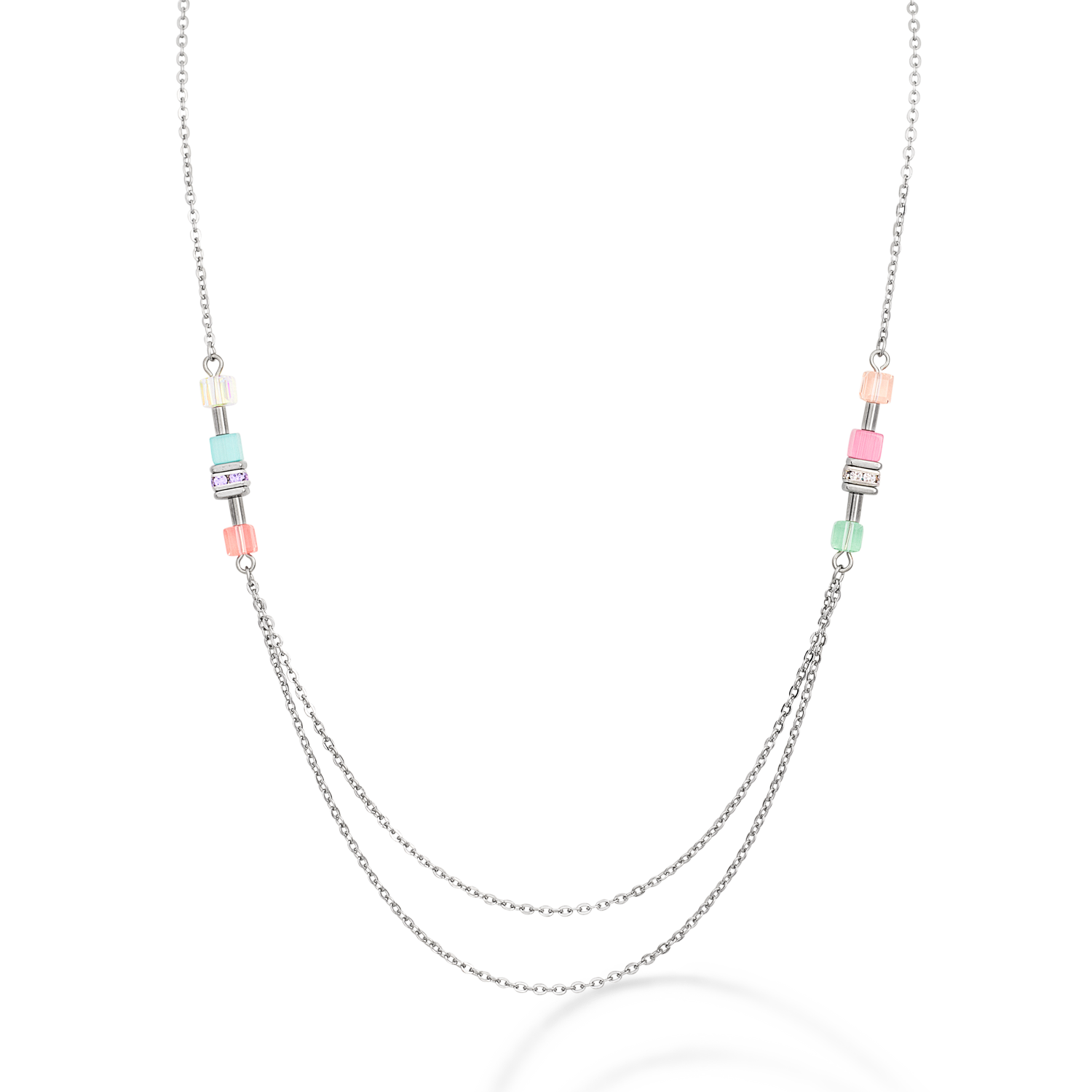 Halskette GeoCUBE® double chain long Edelstahl silber multicolor-pastell