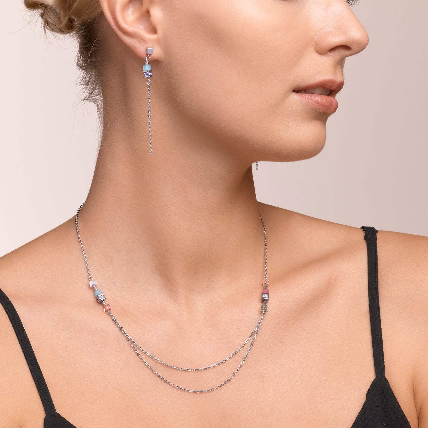 Halskette GeoCUBE® double chain long Edelstahl silber multicolor-pastell