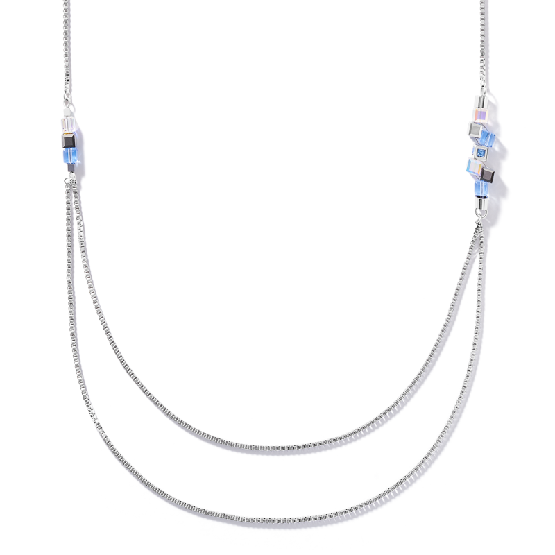 Halskette GeoCUBE® Cluster double chain long Edelstahl silber-hellblau