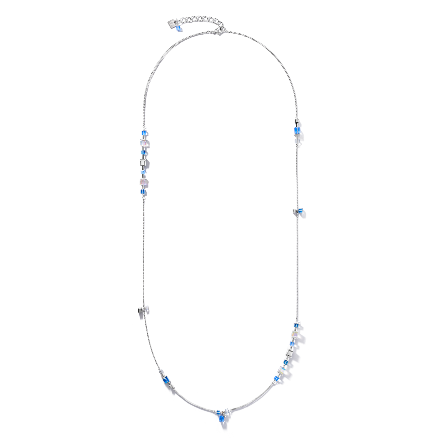 Halskette GeoCUBE® chain long Edelstahl & Kristalle silber-blau