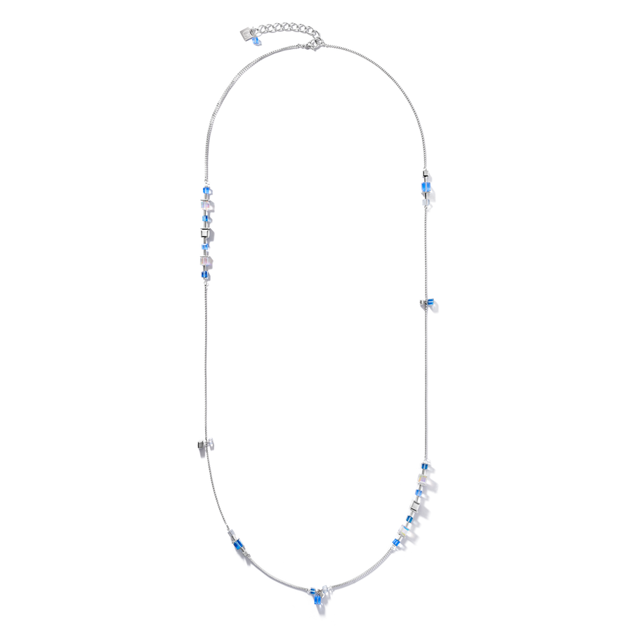 Halskette GeoCUBE® chain long Edelstahl & Kristalle silber-blau