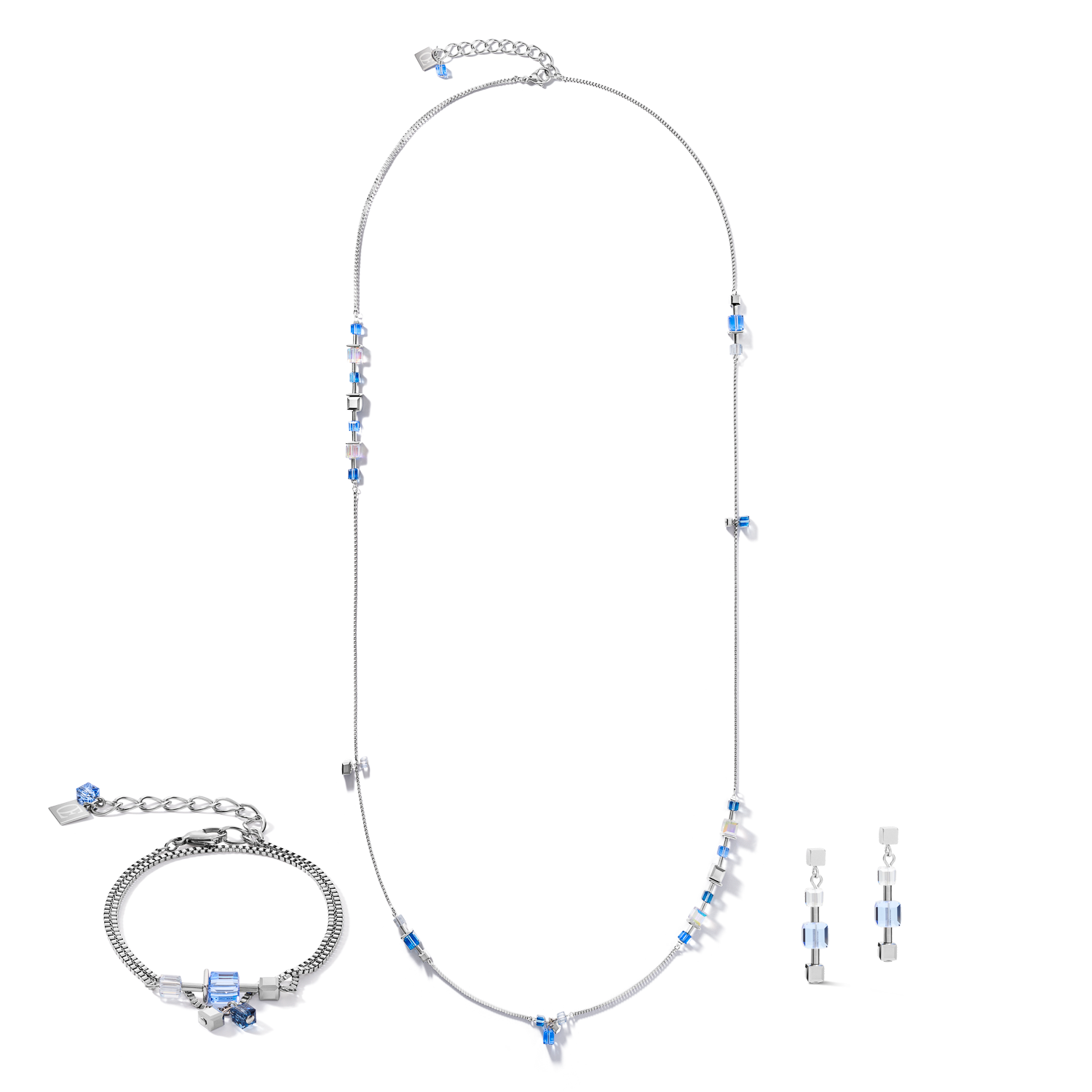 Halskette GeoCUBE® chain long Edelstahl & Kristalle silber-blau