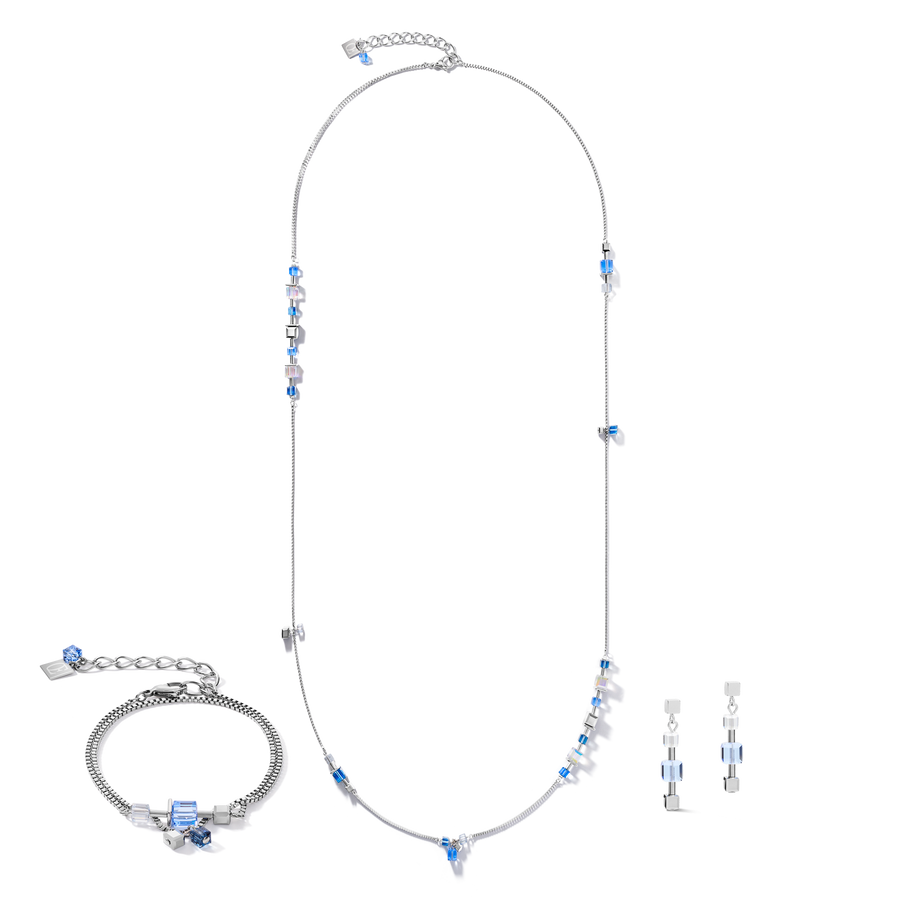 Halskette GeoCUBE® chain long Edelstahl & Kristalle silber-blau
