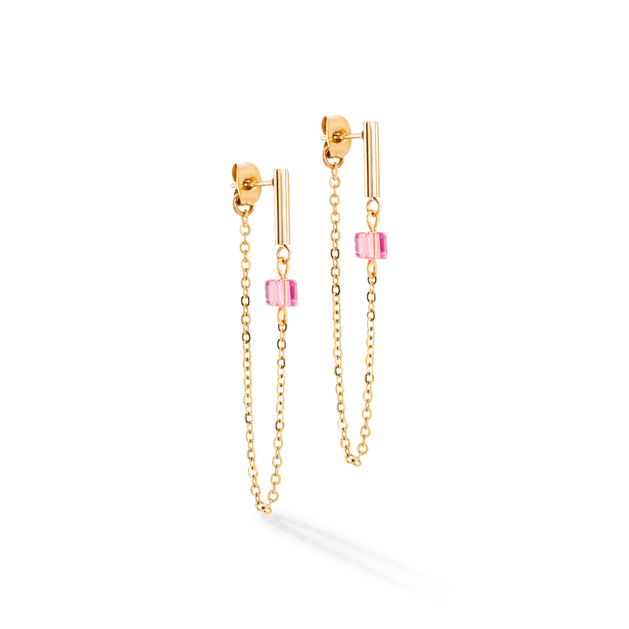 Ohrringe Mini Cubes & Chain Gold-Rosa