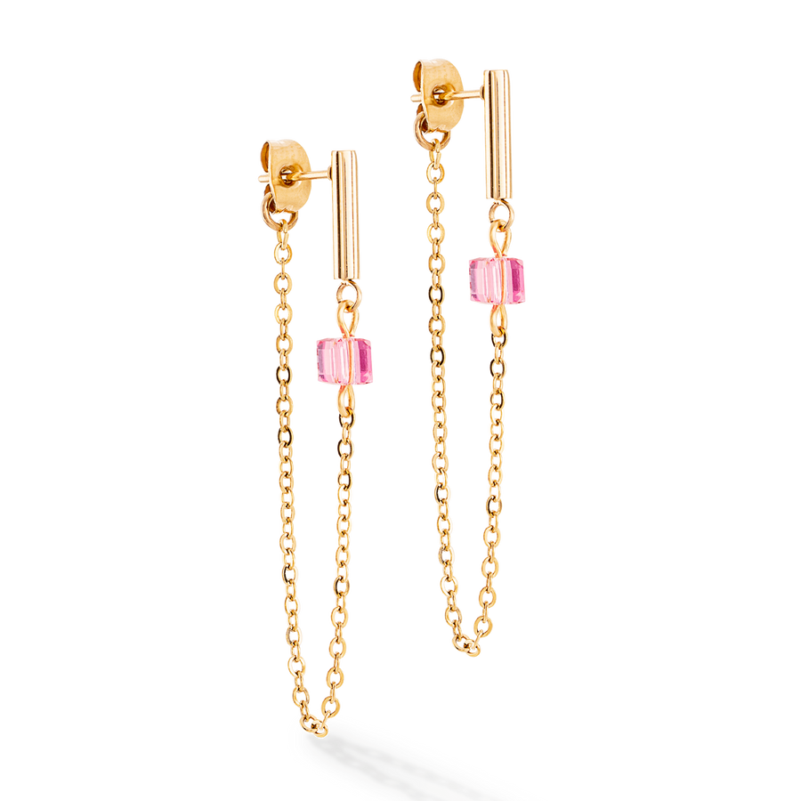 Ohrringe Mini Cubes & Chain Gold-Rosa