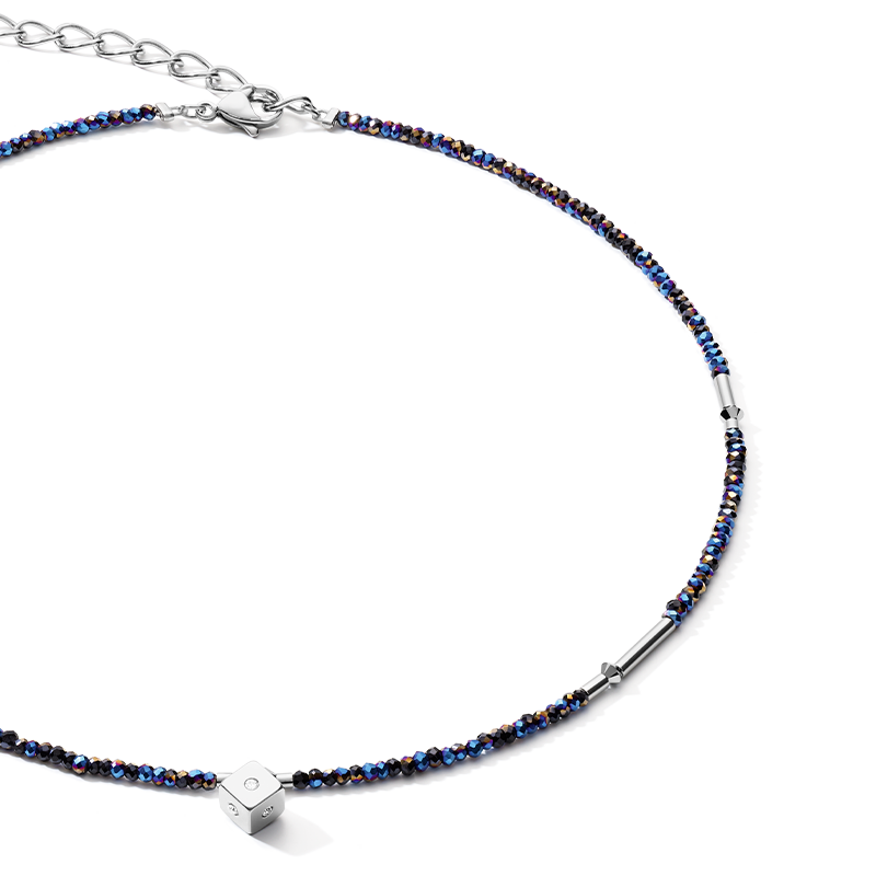 Halskette Cube Crystal Dot Edelstahl & Kristallglas nachtblau-silber