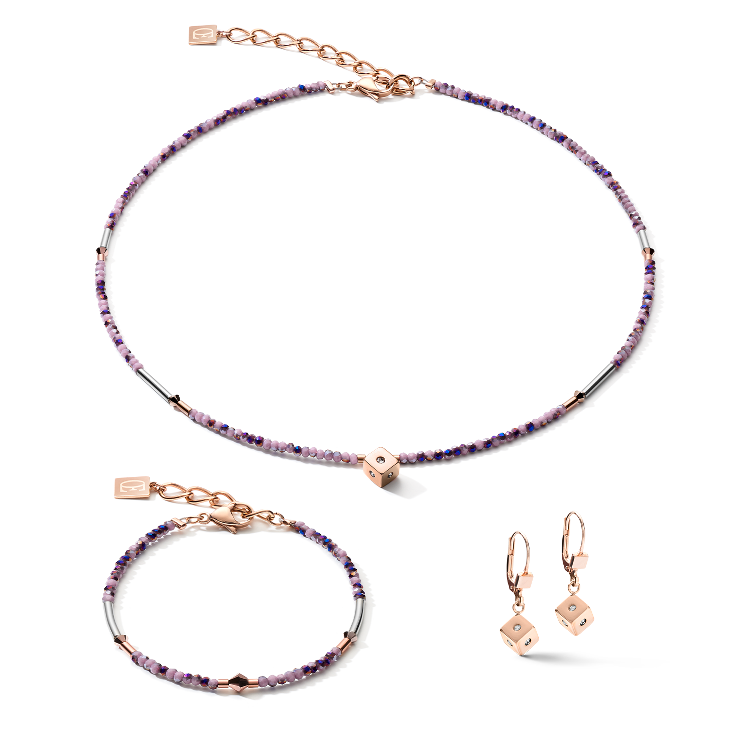 Ohrringe Cube Crystal Dot Edelstahl & Kristallglas hell amethyst-roségold