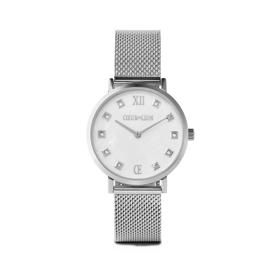 Geschenkset Uhr Rund Perlmutt Milanaise & Armband Asymmetrie Süßwasserperlen weiß-silber