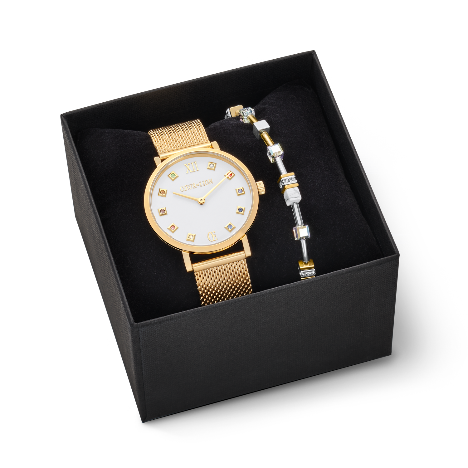 Geschenkset Uhr Rund Brilliant White Milanaise & Armband GeoCUBE® Multitask 4-in-1 gold-silber