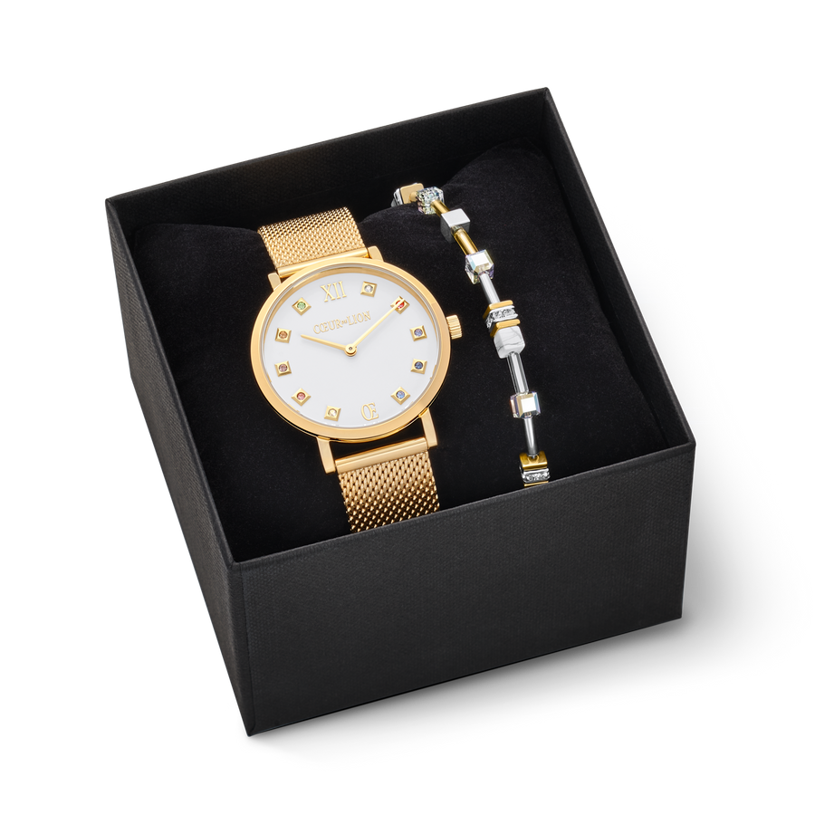 Geschenkset Uhr Rund Brilliant White Milanaise & Armband GeoCUBE® Multitask 4-in-1 gold-silber
