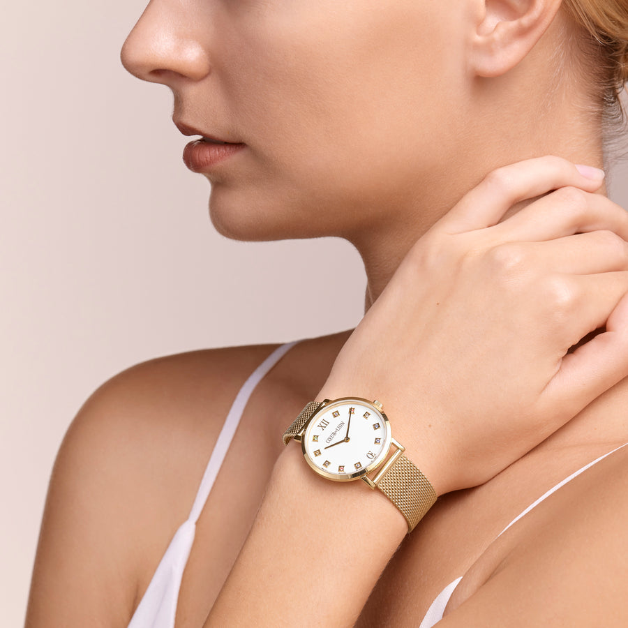 Uhr Rund Brilliant White Milanaise Edelstahl Gold