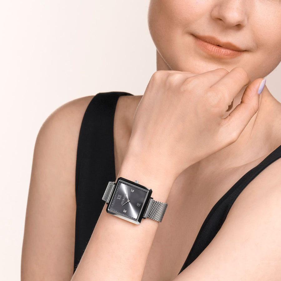 Uhr Iconic Square Graphite Sunray Milanaise Edelstahl