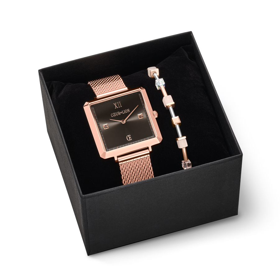 Geschenkset Uhr Iconic Square Mocca Sunray Milanaise & Armband GeoCUBE® rosa Aventurin roségold-peach