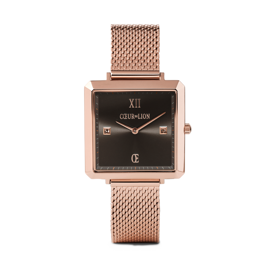 Geschenkset Uhr Iconic Square Mocca Sunray Milanaise & Armband GeoCUBE® rosa Aventurin roségold-peach