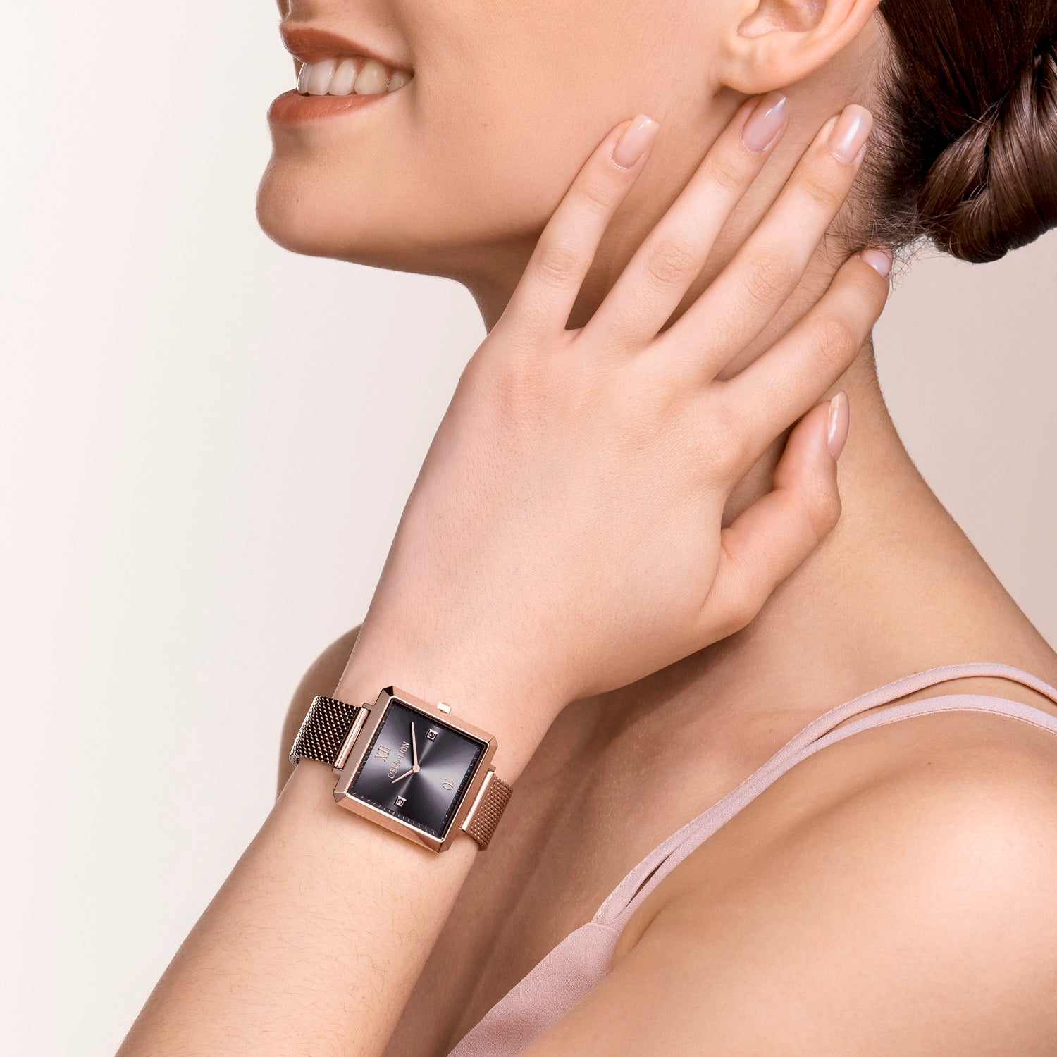 Geschenkset Uhr Iconic Square Mocca Sunray Milanaise & Armband GeoCUBE® rosa Aventurin roségold-peach