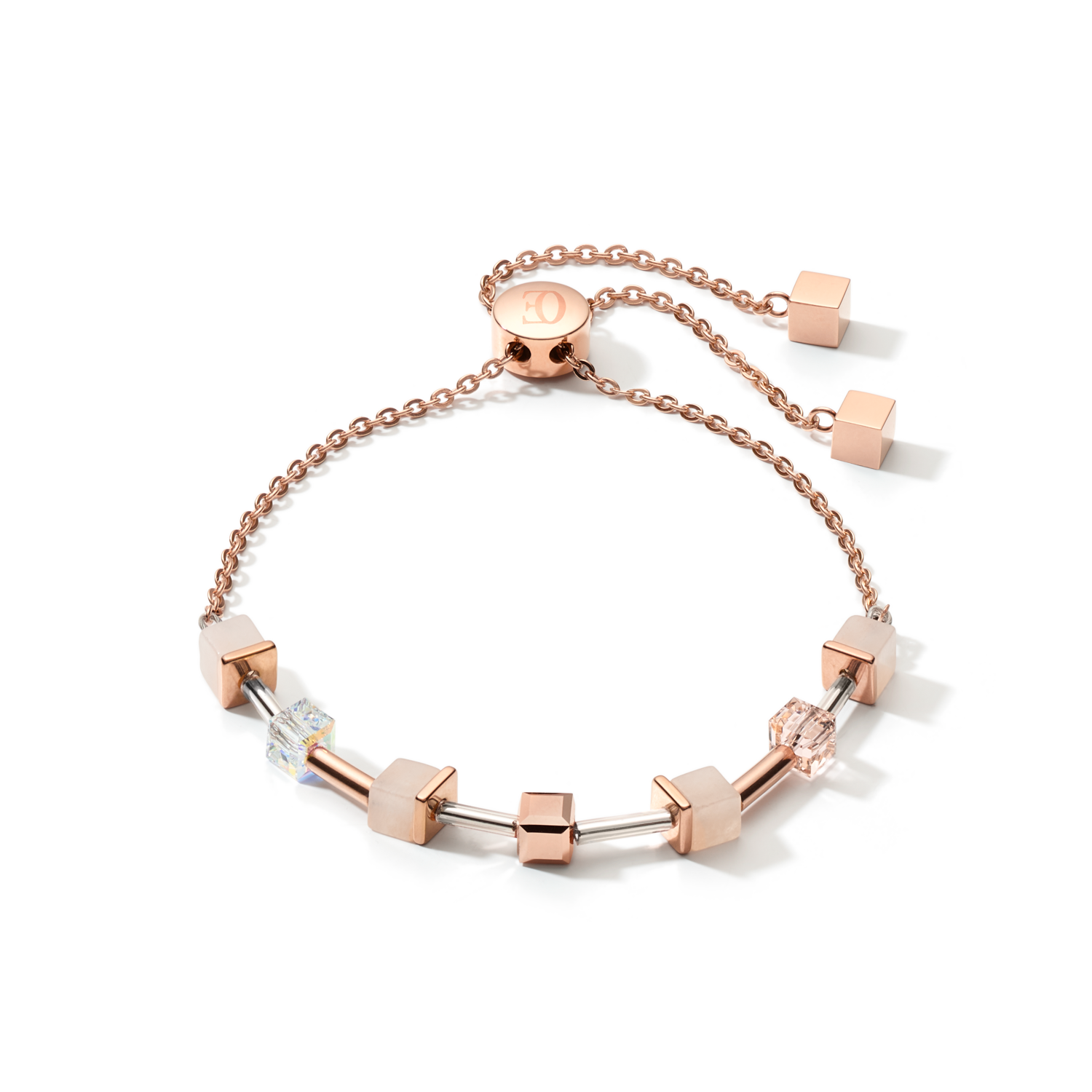 Geschenkset Uhr Iconic Square Mocca Sunray Milanaise & Armband GeoCUBE® rosa Aventurin roségold-peach