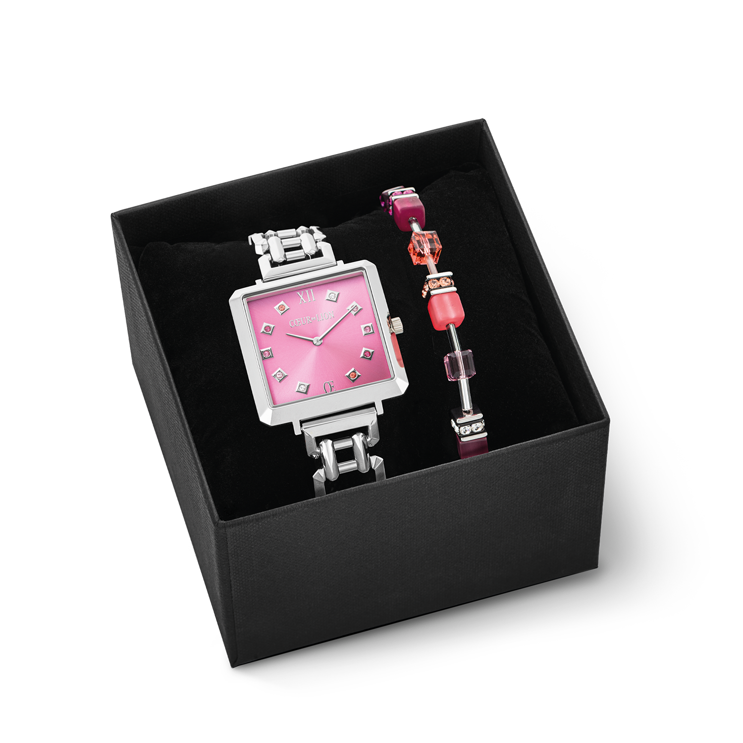 Geschenkset Uhr Iconic Cube Viva Magenta silver & GeoCUBE® Iconic Armband Viva Magenta