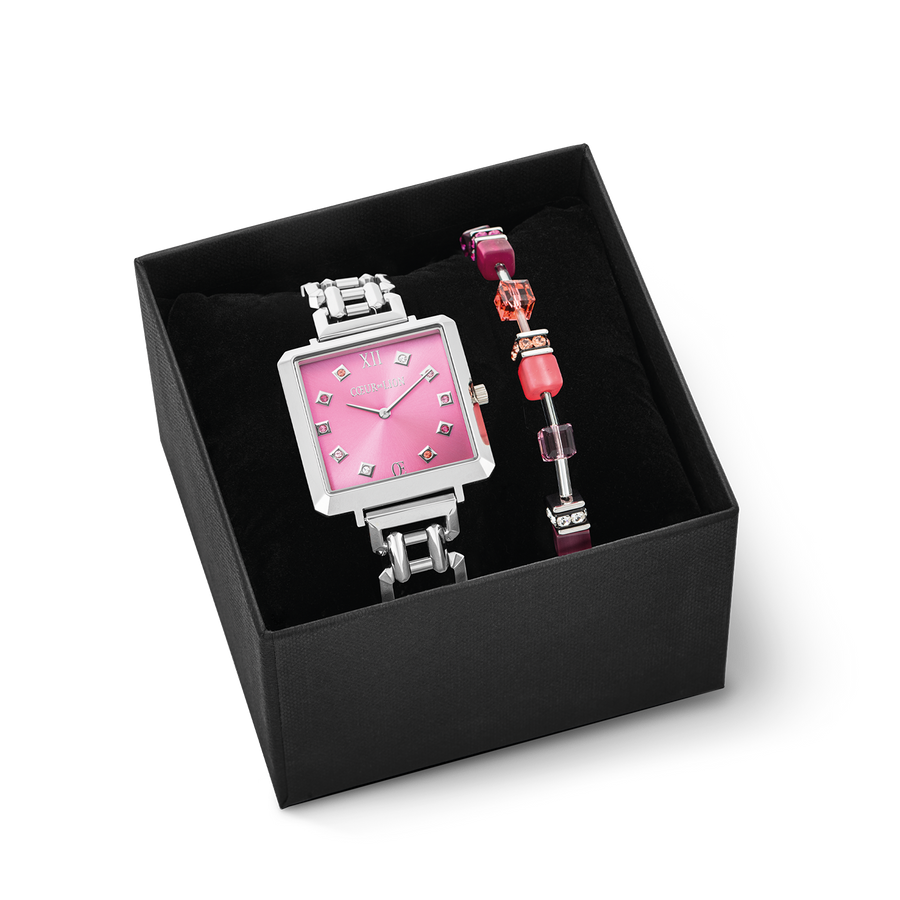 Geschenkset Uhr Iconic Cube Viva Magenta silver & GeoCUBE® Iconic Armband Viva Magenta