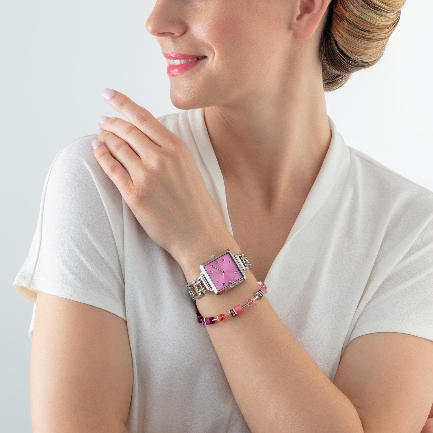 Geschenkset Uhr Iconic Cube Viva Magenta silver & GeoCUBE® Iconic Armband Viva Magenta