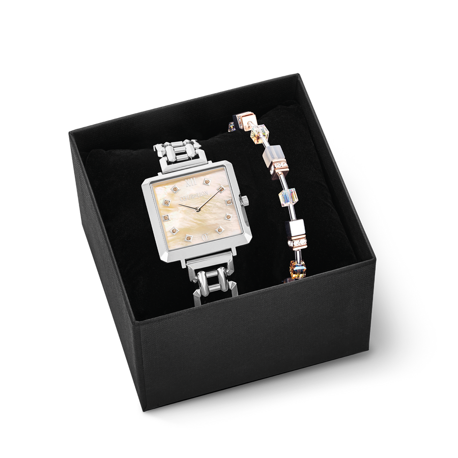 Geschenkset Uhr Iconic Cube Apricot Crush Silber & GeoCUBE® Iconic Armband Apricot Crush