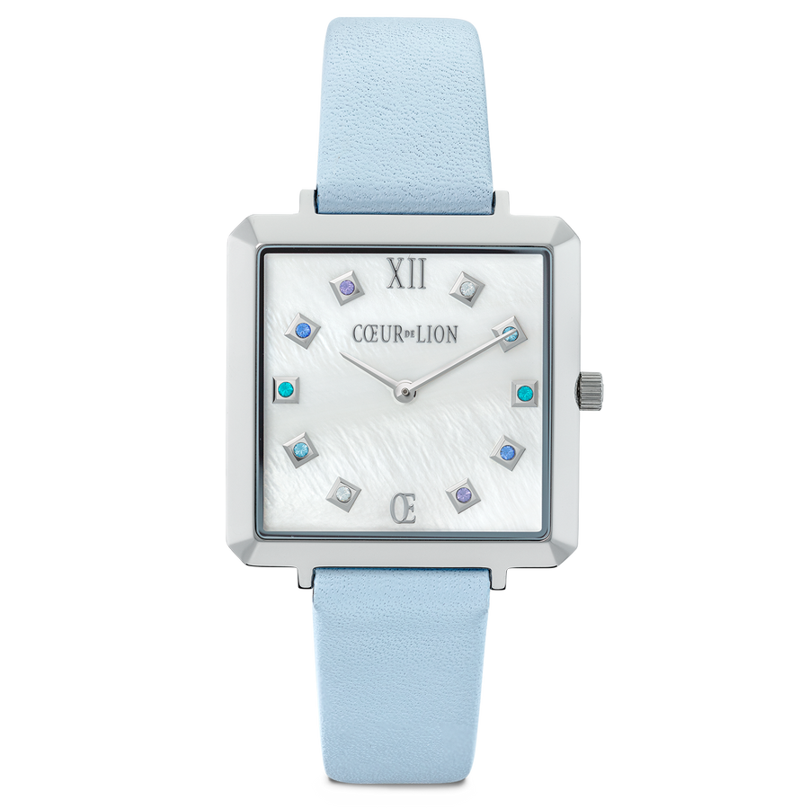 Uhr Iconic Square Perlmutt Silber Armband Leder Cool Blue