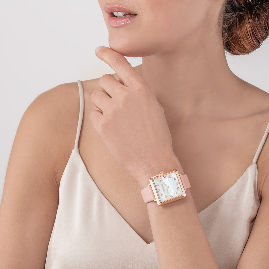 Uhr Iconic Square Perlmutt Roségold Armband Leder Romantic Rosé