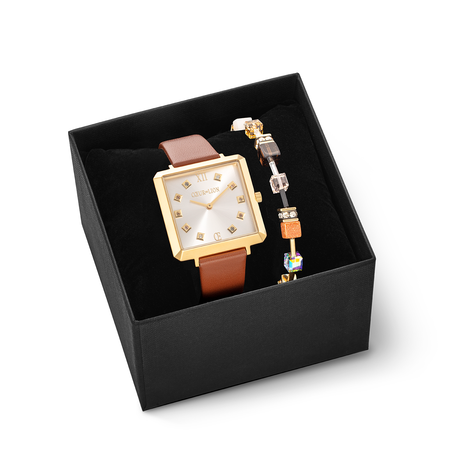 Geschenkset Uhr Iconic Square Gold Classy Braun & Armband GeoCUBE® Iconic Precious Braun