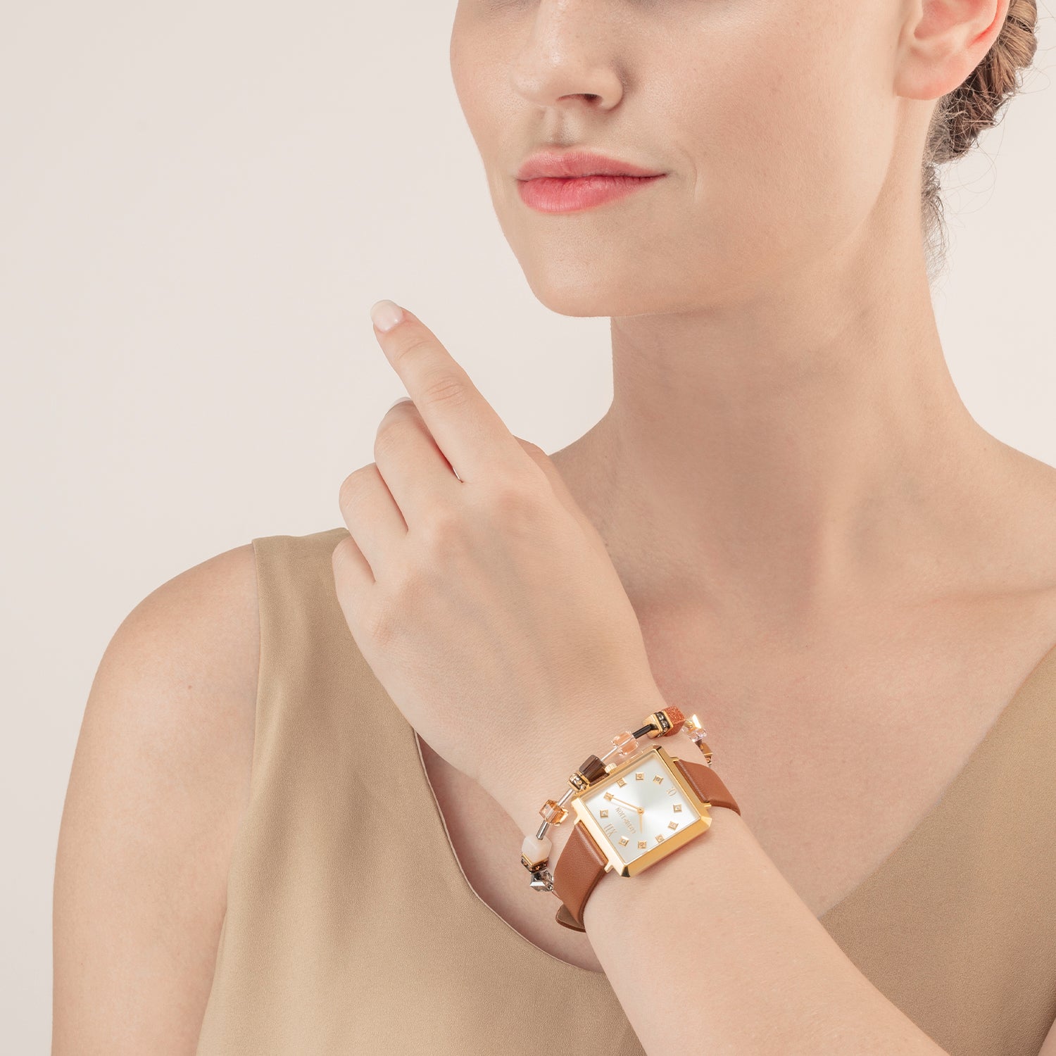 Geschenkset Uhr Iconic Square Gold Classy Braun & Armband GeoCUBE® Iconic Precious Braun
