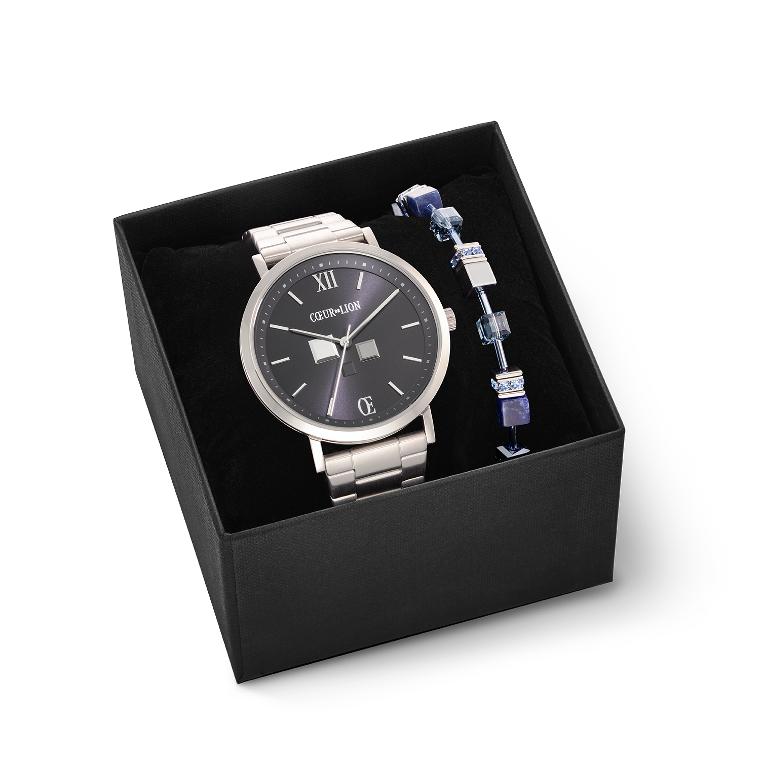 Geschenkset Uhr Rund Statement Unisex Midnight Blue & Armband GeoCUBE® Iconic Precious Blau