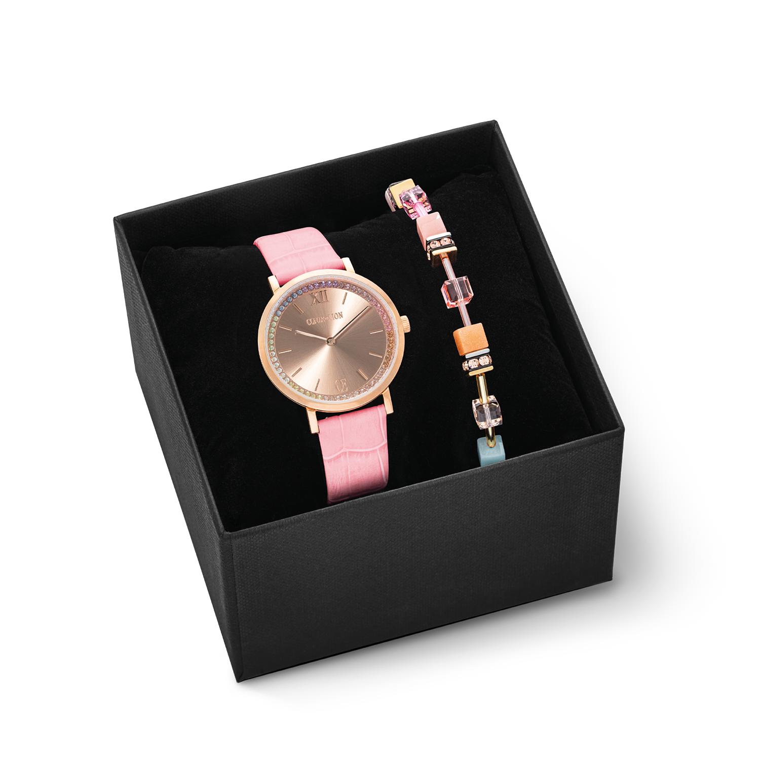 Geschenkset Uhr Rund Pastel Lovers Rosa & GeoCUBE® Iconic Armband Aqua-Apricot