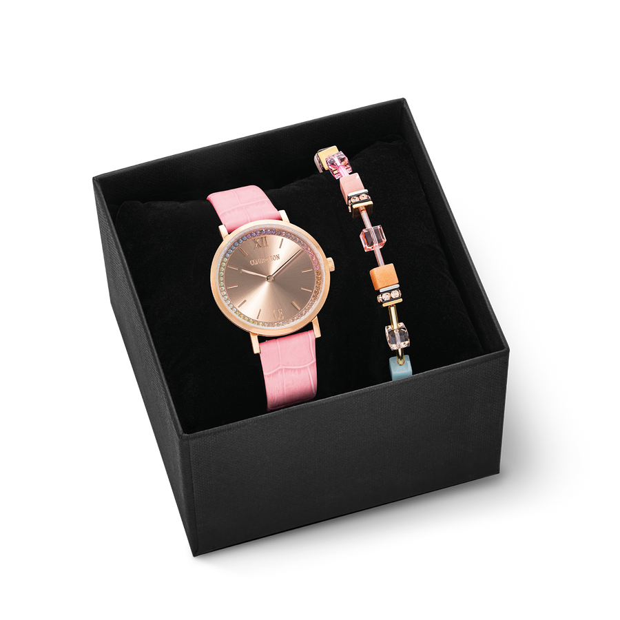 Geschenkset Uhr Rund Pastel Lovers Rosa & GeoCUBE® Iconic Armband Aqua-Apricot