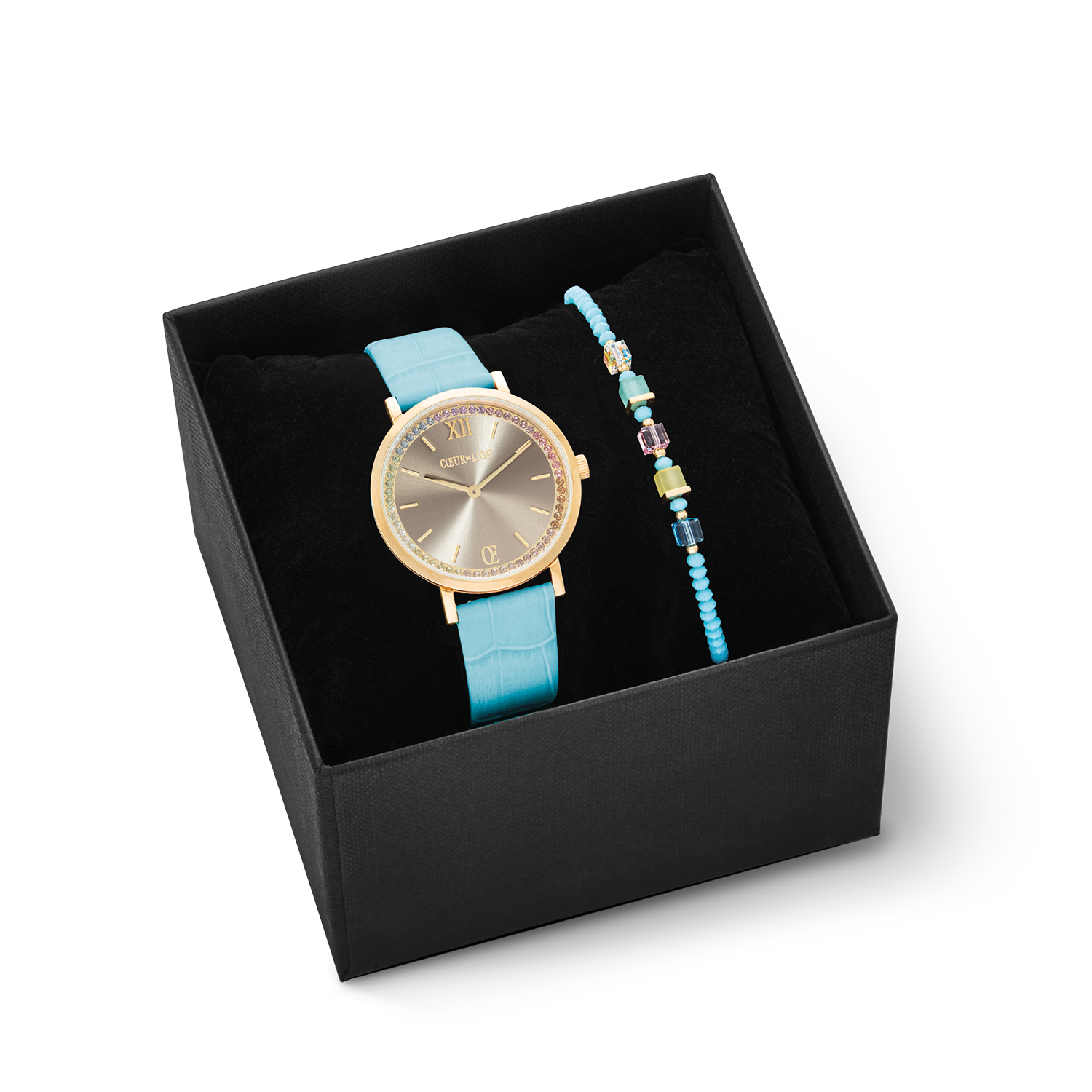 Geschenkset Uhr Rund Pastel Lovers Blau & Joyful Colours Armband Türkis-Multicolor